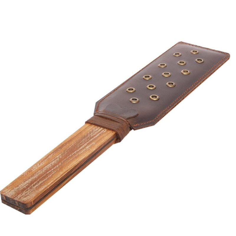 Distressed Wooden Handle Rivet Leather Paddle - Image 4